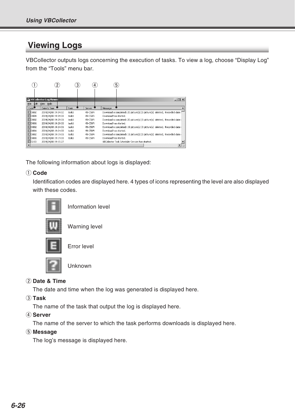 Viewing logs | Canon Vb-C50fi User Manual | Page 190 / 209