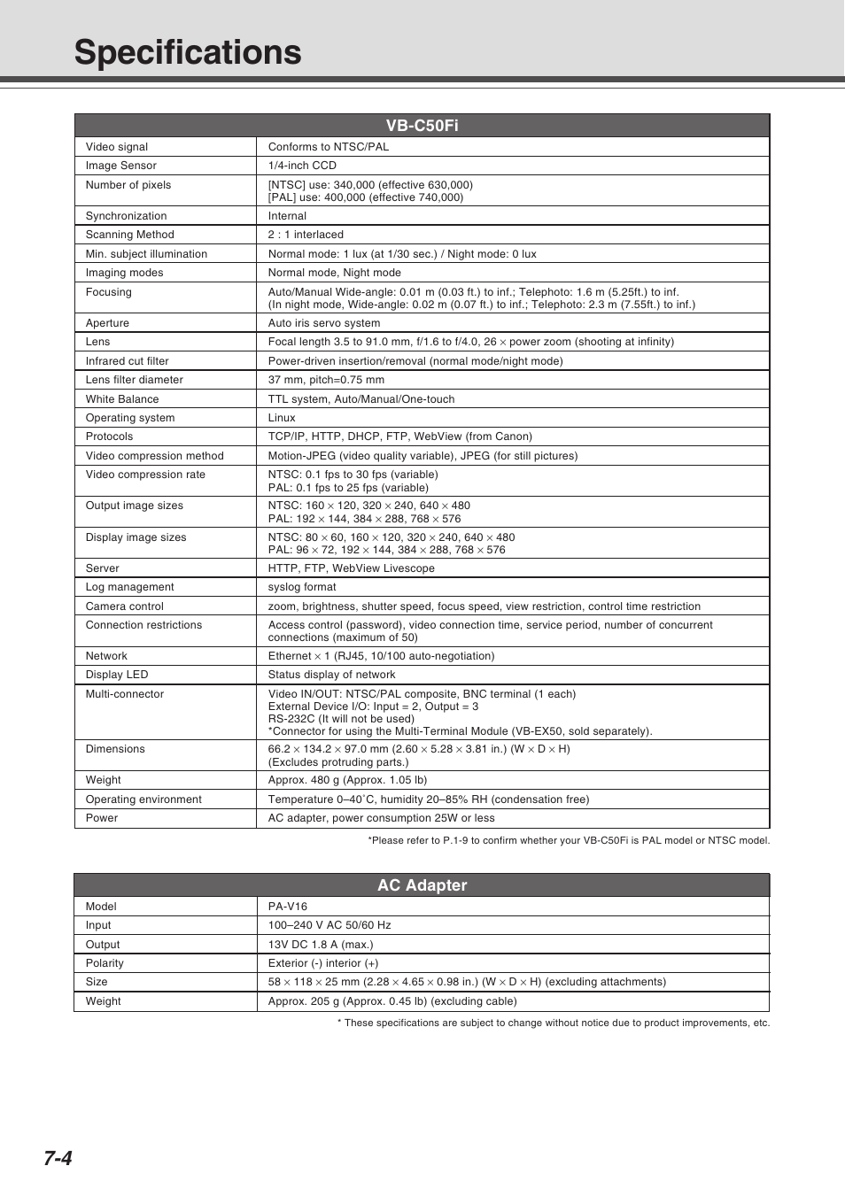 Specifications, Vb-c50fi, Ac adapter | Canon Vb-C50fi User Manual | Page 198 / 209