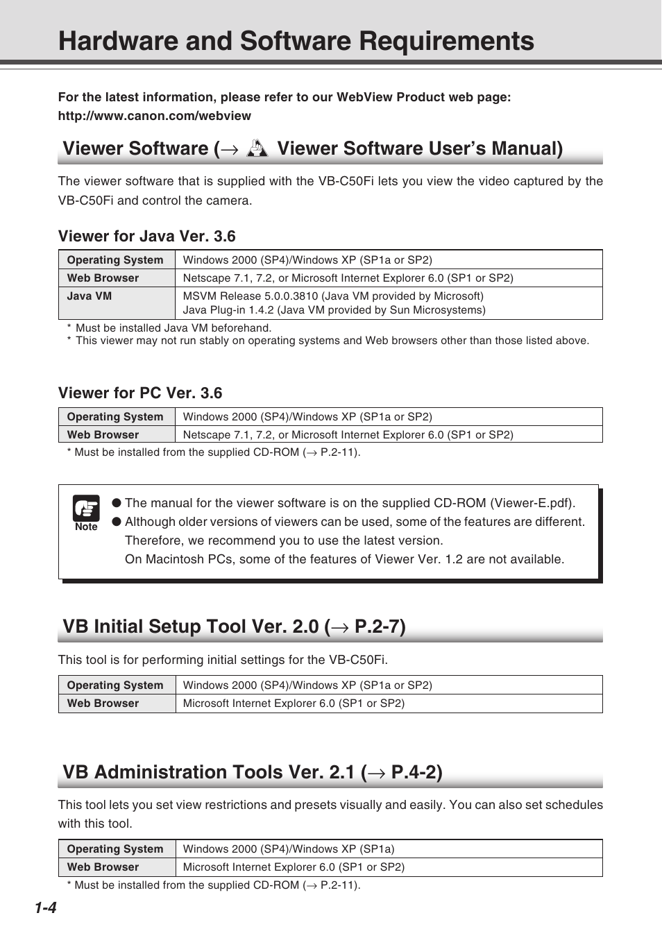 Hardware and software requirements, Vb administration tools ver. 2.1 ( → p.4-2), Vb initial setup tool ver. 2.0 ( → p.2-7) | Viewer for java ver. 3.6, Viewer for pc ver. 3.6 | Canon Vb-C50fi User Manual | Page 20 / 209