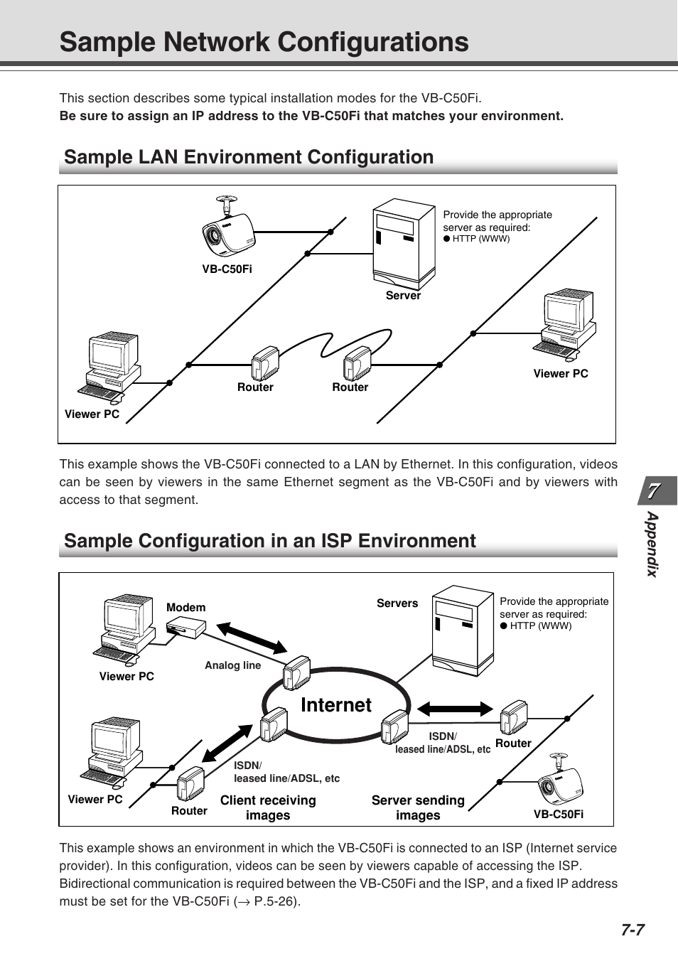 Sample network configurations, Sample configuration in an isp environment, Sample lan environment configuration | Internet | Canon Vb-C50fi User Manual | Page 201 / 209