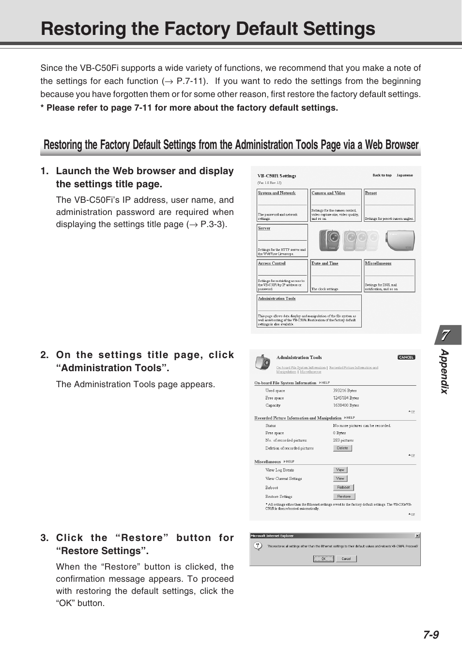 Restoring the factory default settings | Canon Vb-C50fi User Manual | Page 203 / 209