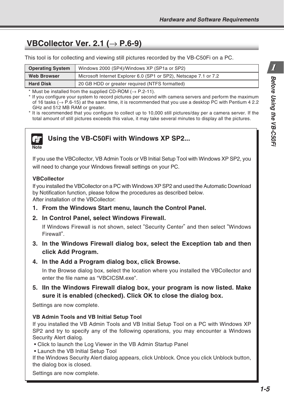 Vbcollector ver. 2.1 ( → p.6-9), Using the vb-c50fi with windows xp sp2 | Canon Vb-C50fi User Manual | Page 21 / 209