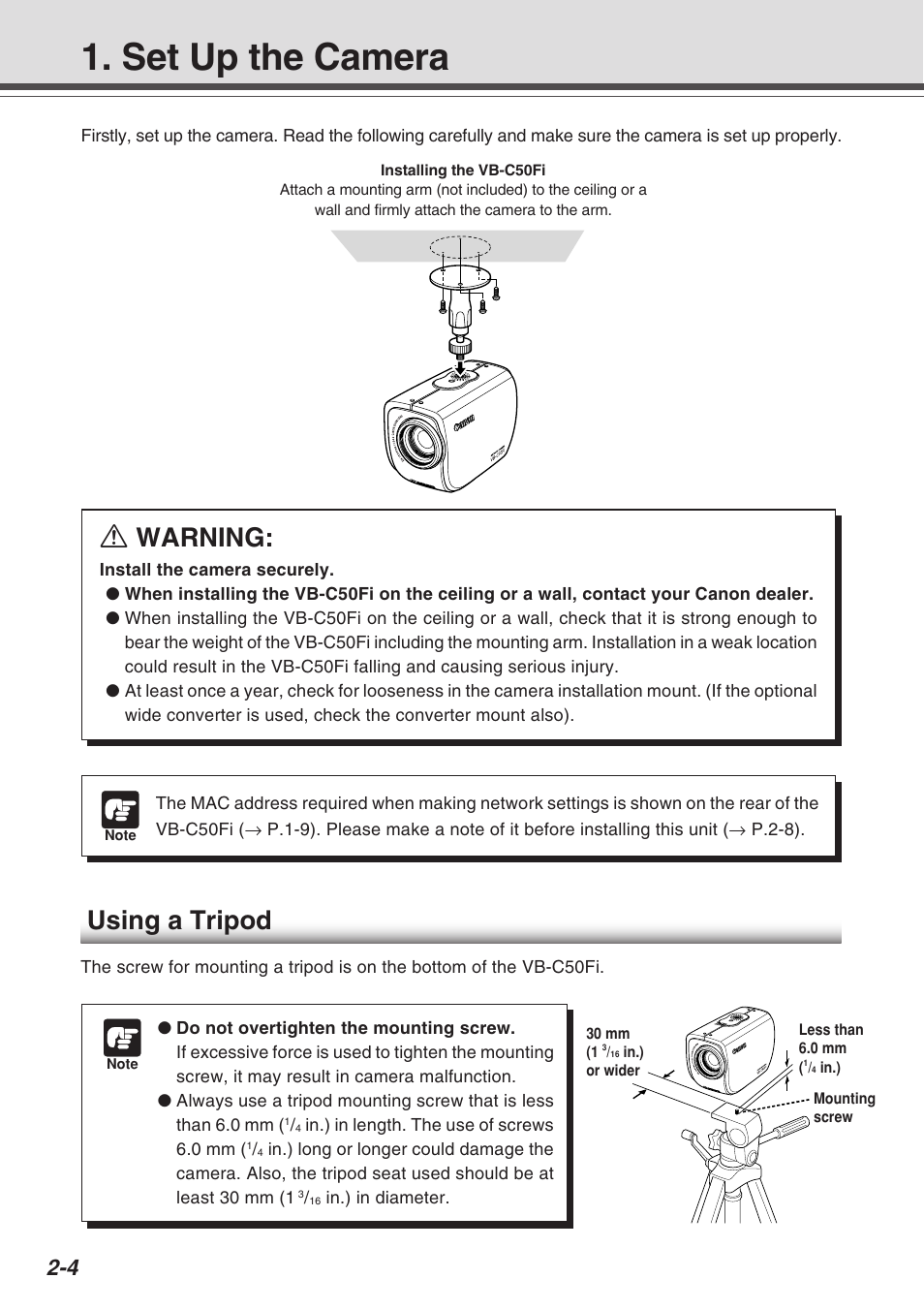 Set up the camera, A warning, Using a tripod | Canon Vb-C50fi User Manual | Page 30 / 209