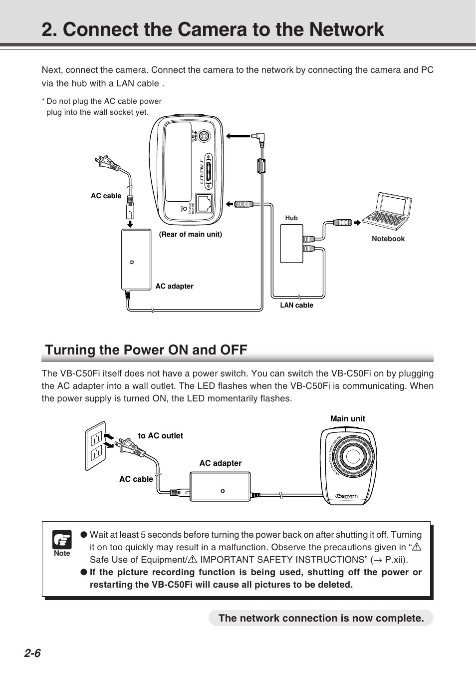 Connect the camera to the network, Turning the power on and off | Canon Vb-C50fi User Manual | Page 32 / 209