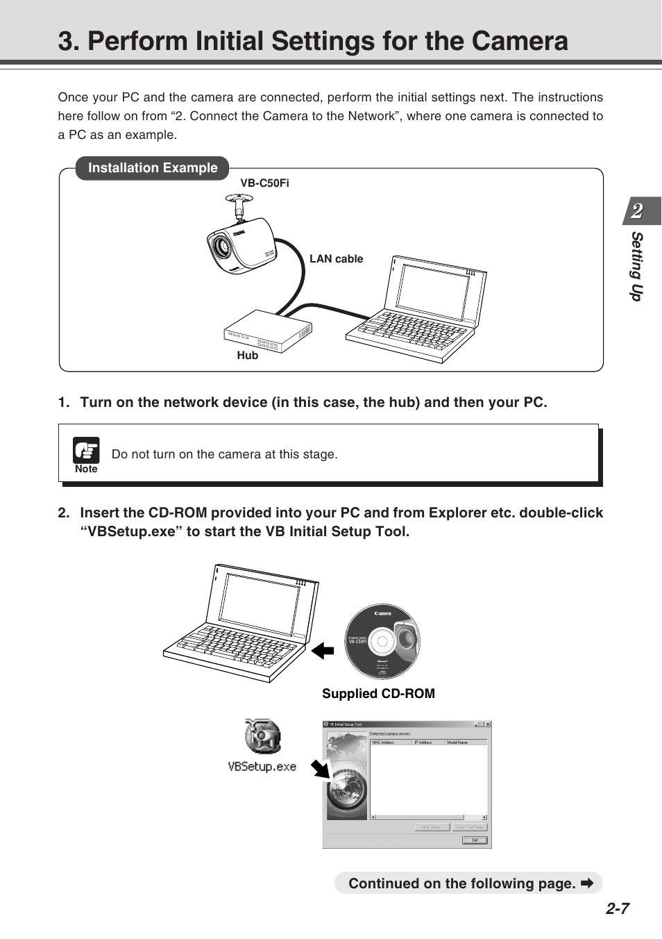 Perform initial settings for the camera, Setting up, Continued on the following page. a | Installation example | Canon Vb-C50fi User Manual | Page 33 / 209