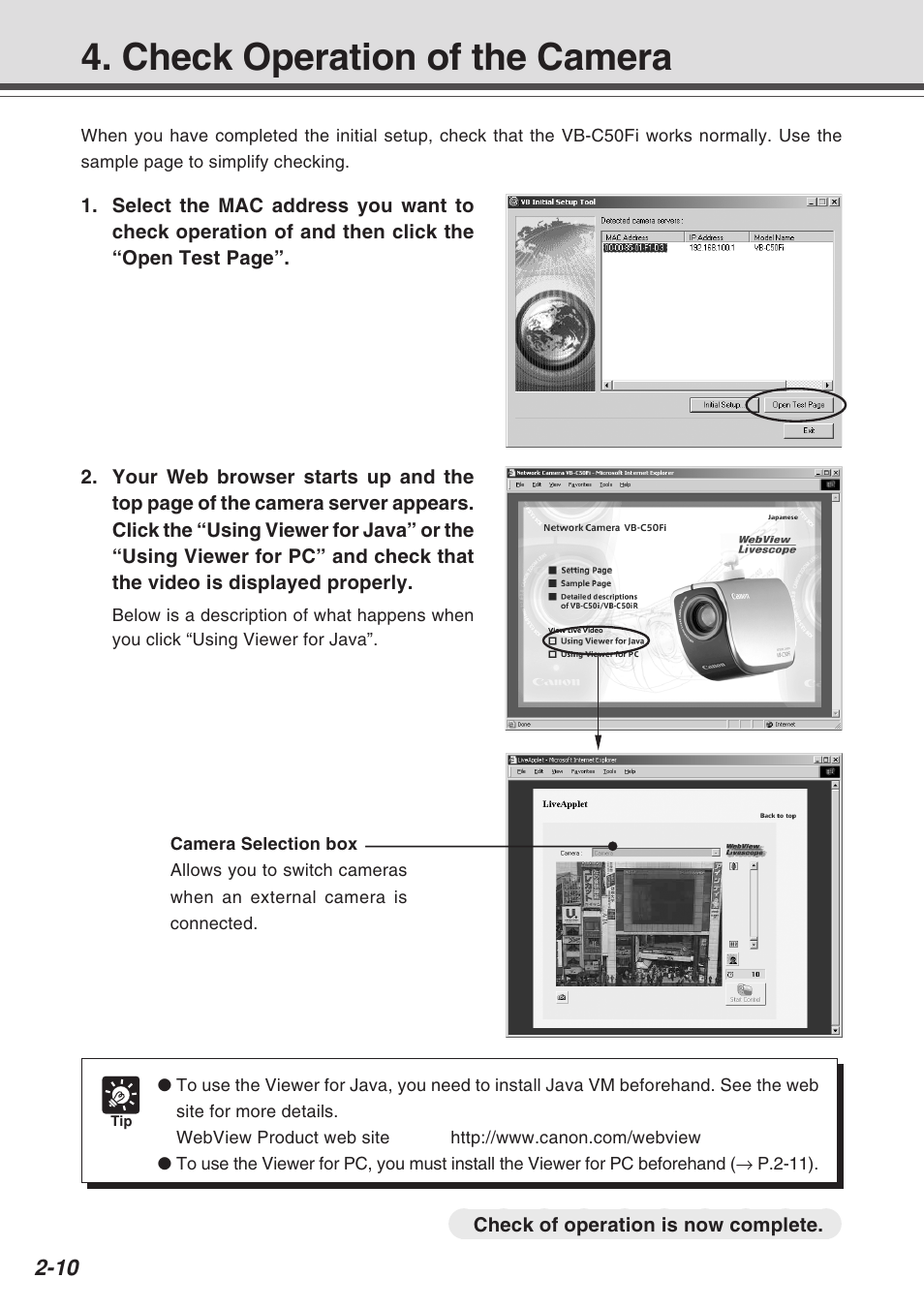 Check operation of the camera | Canon Vb-C50fi User Manual | Page 36 / 209