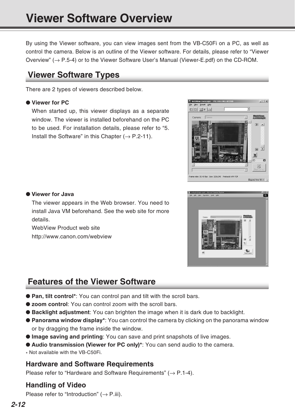 Viewer software overview, Viewer software types, Features of the viewer software | Canon Vb-C50fi User Manual | Page 38 / 209