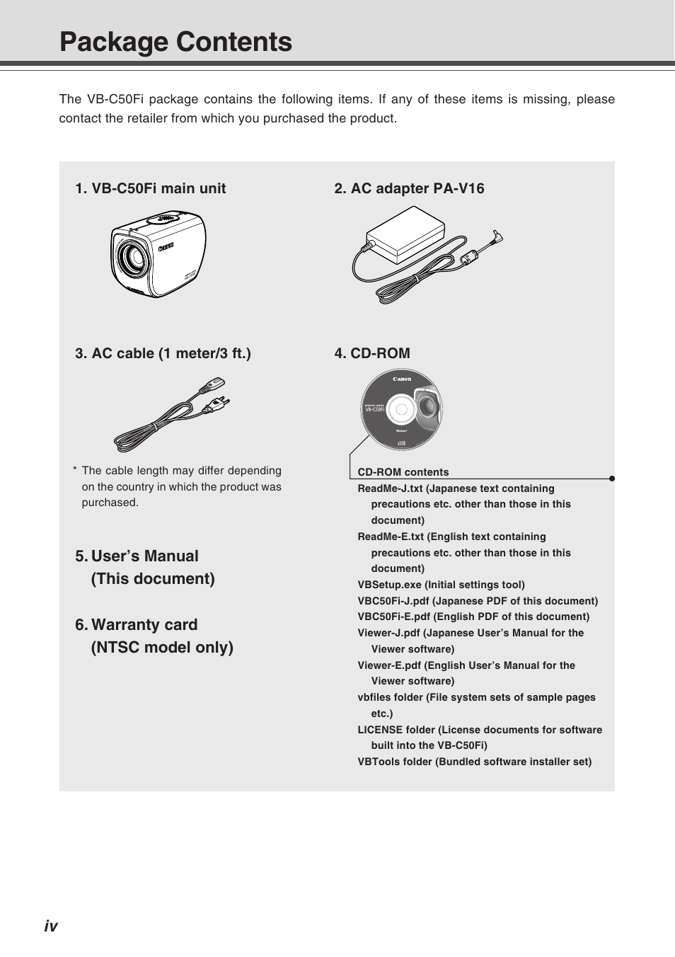 Package contents | Canon Vb-C50fi User Manual | Page 4 / 209