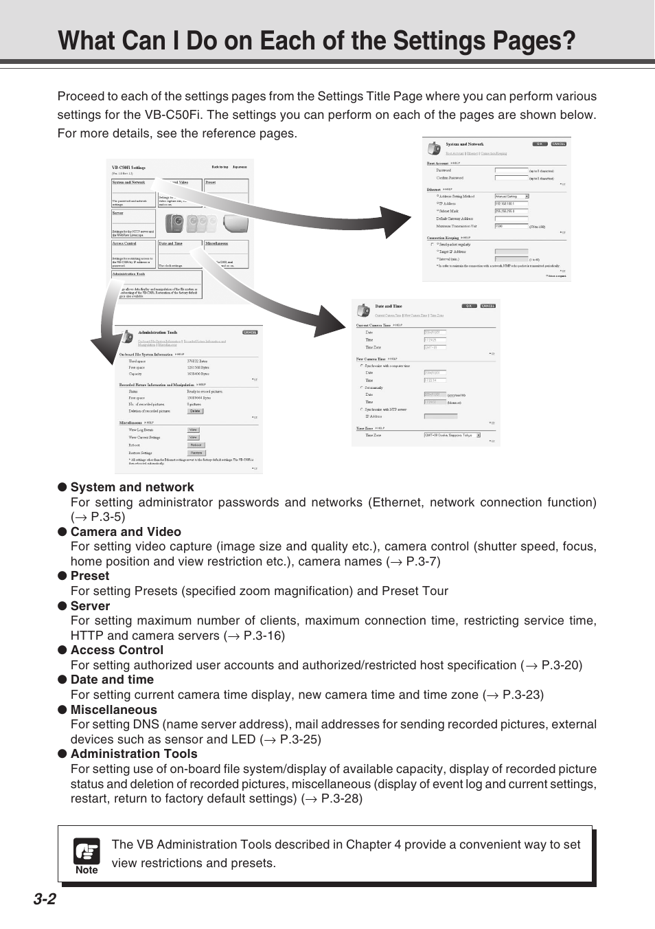 What can i do on each of the settings pages | Canon Vb-C50fi User Manual | Page 40 / 209