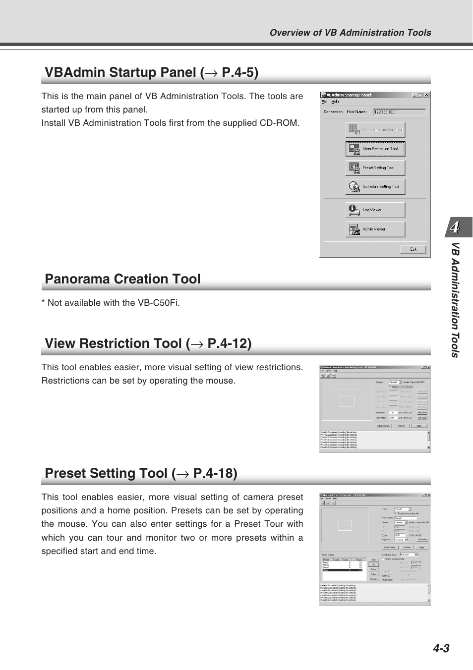 Vbadmin startup panel ( → p.4-5), Panorama creation tool, View restriction tool ( → p.4-12) | Preset setting tool ( → p.4-18) | Canon Vb-C50fi User Manual | Page 67 / 209