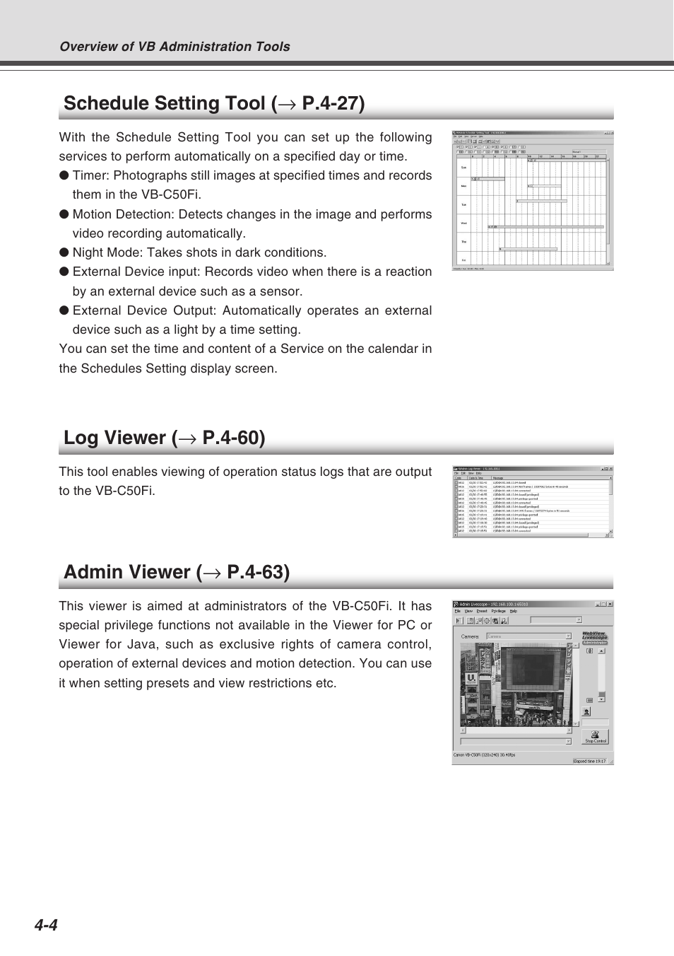 Log viewer ( → p.4-60), Admin viewer ( → p.4-63), Schedule setting tool ( → p.4-27) | Canon Vb-C50fi User Manual | Page 68 / 209