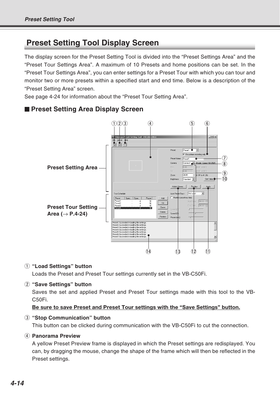 Preset setting tool display screen, Preset setting area display screen | Canon Vb-C50fi User Manual | Page 78 / 209