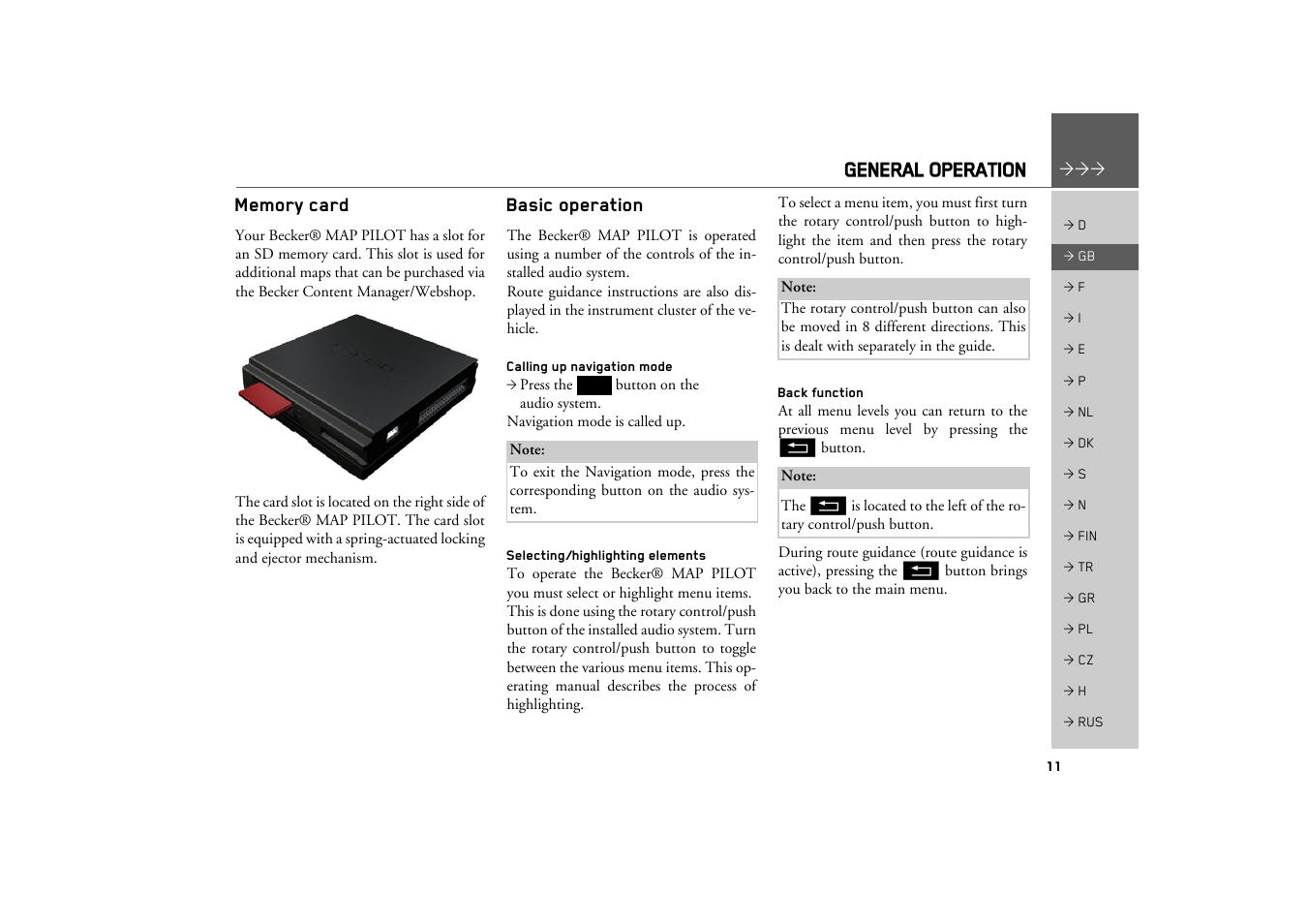 Memory card, Basic operation, Calling up navigation mode | Selecting/highlighting elements, Back function, General operation | Becker MAP PILOT OPERATION GUIDE User Manual | Page 11 / 58
