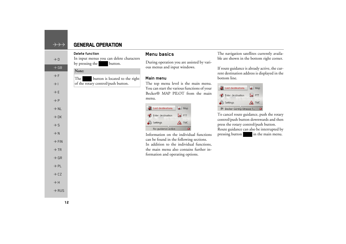 Delete function, Menu basics, Main menu | General operation | Becker MAP PILOT OPERATION GUIDE User Manual | Page 12 / 58