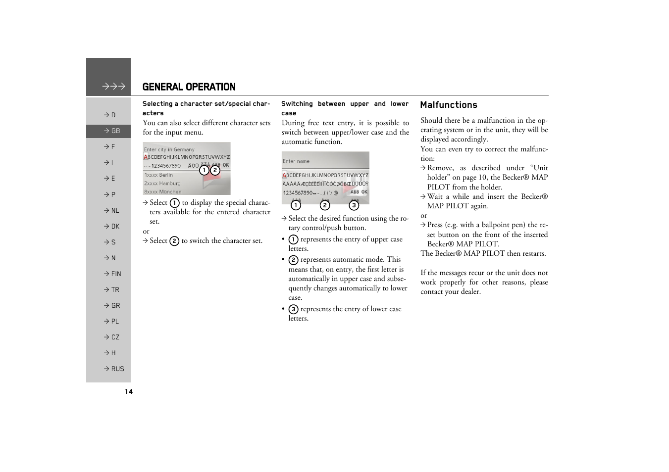 Selecting a character set/special characters, Switching between upper and lower case, Malfunctions | General operation | Becker MAP PILOT OPERATION GUIDE User Manual | Page 14 / 58