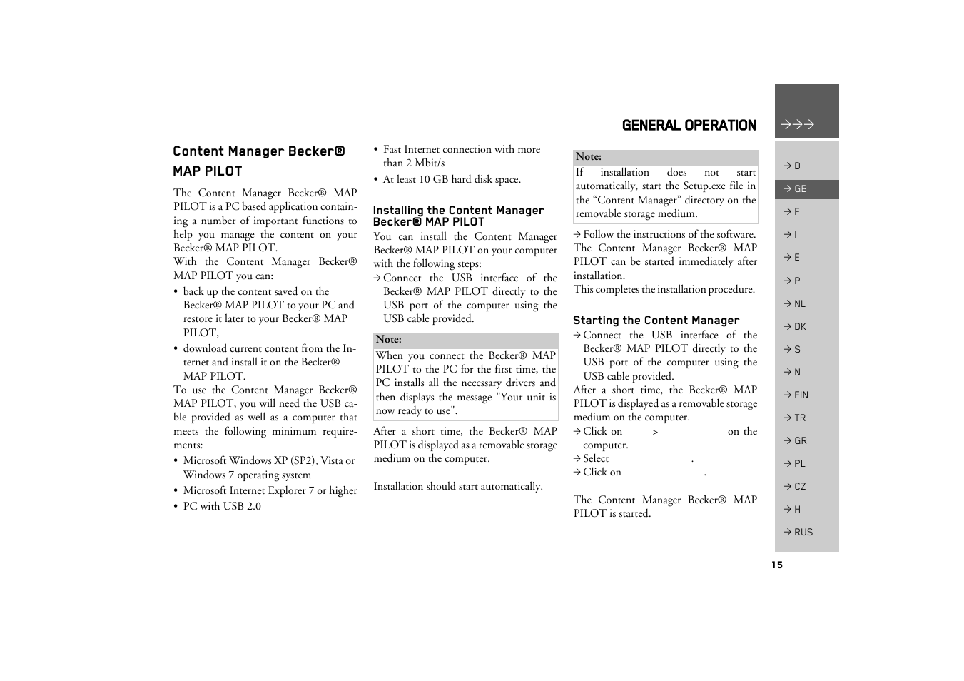 Content manager becker® map pilot, Installing the content manager becker® map pilot, Starting the content manager | General operation | Becker MAP PILOT OPERATION GUIDE User Manual | Page 15 / 58