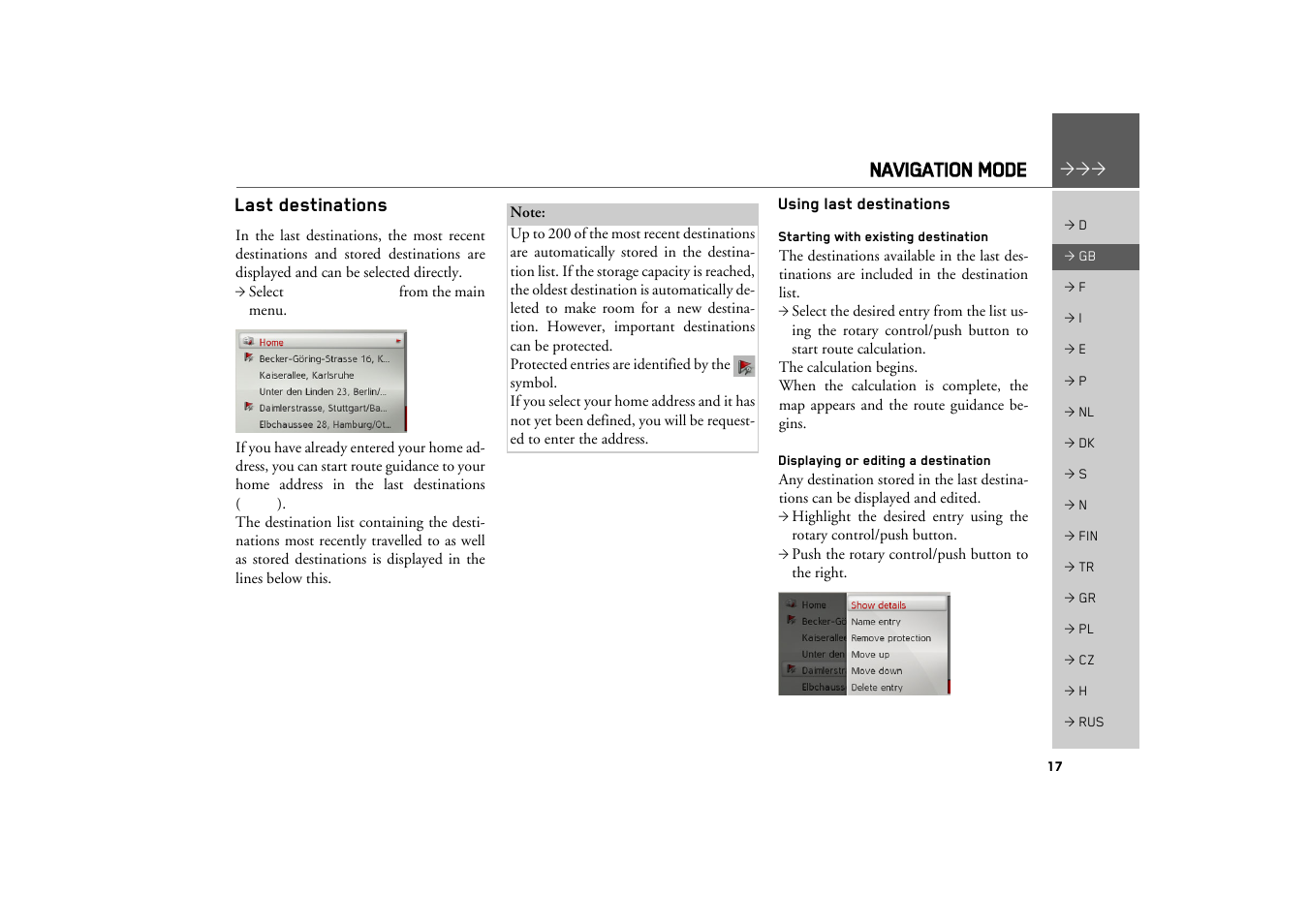 Last destinations, Using last destinations, Starting with existing destination | Displaying or editing a destination, Navigation mode | Becker MAP PILOT OPERATION GUIDE User Manual | Page 17 / 58