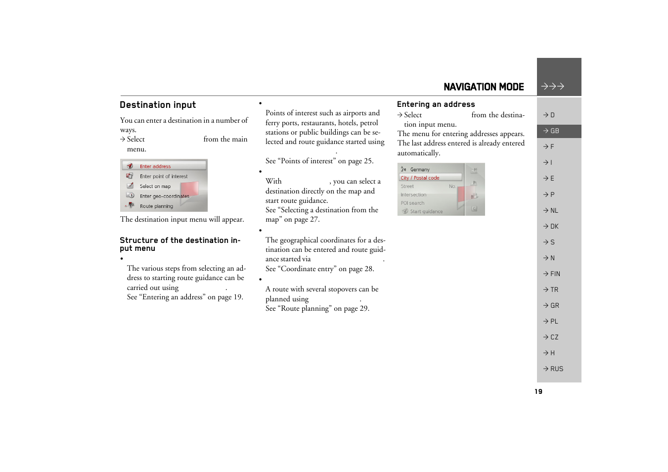 Destination input, Structure of the destination input menu, Entering an address | Navigation mode | Becker MAP PILOT OPERATION GUIDE User Manual | Page 19 / 58