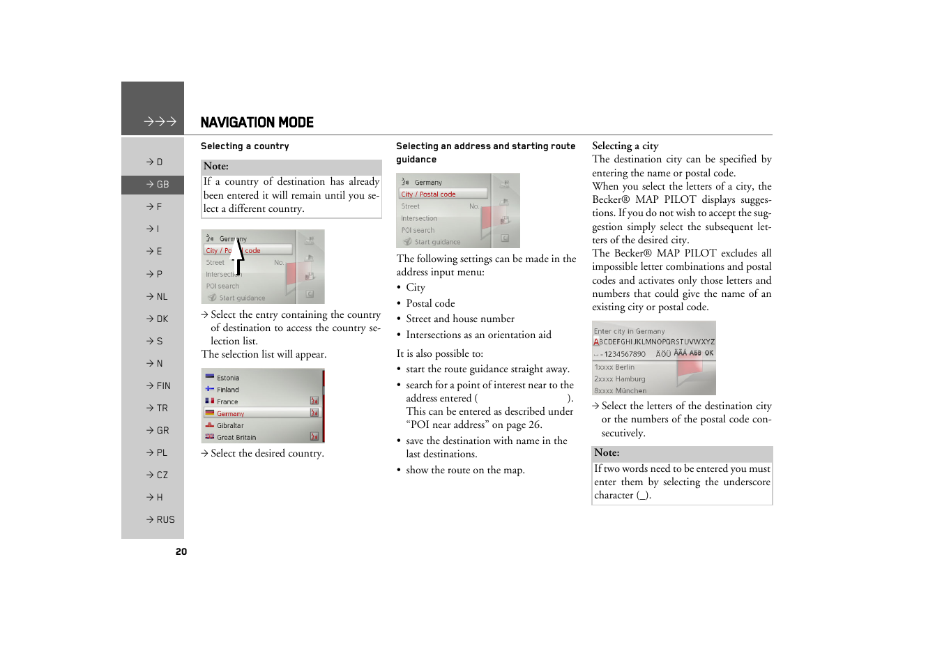 Selecting a country, Selecting an address and starting route guidance, Navigation mode | Becker MAP PILOT OPERATION GUIDE User Manual | Page 20 / 58