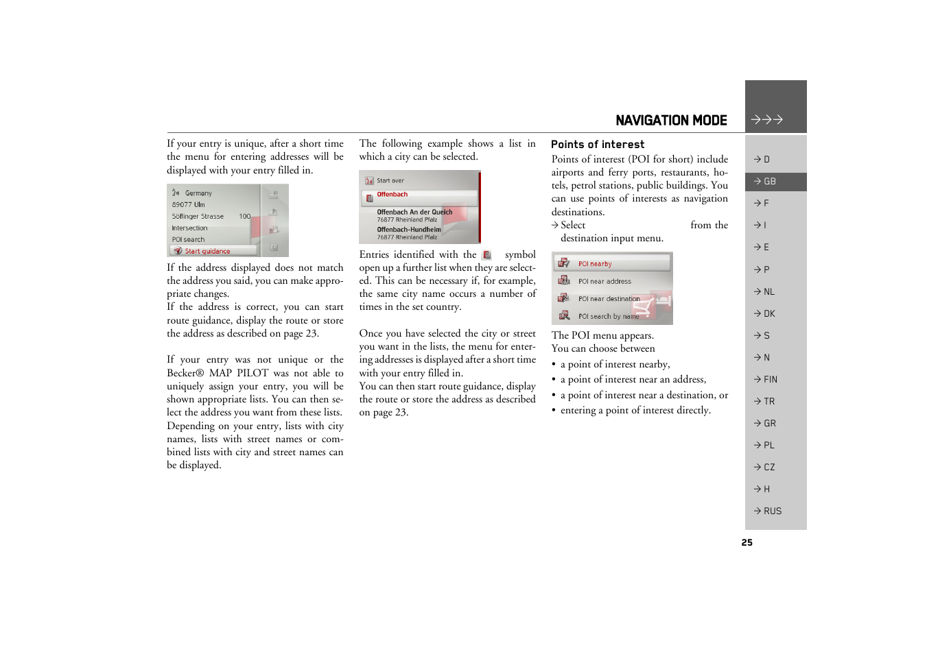 Points of interest, Navigation mode | Becker MAP PILOT OPERATION GUIDE User Manual | Page 25 / 58
