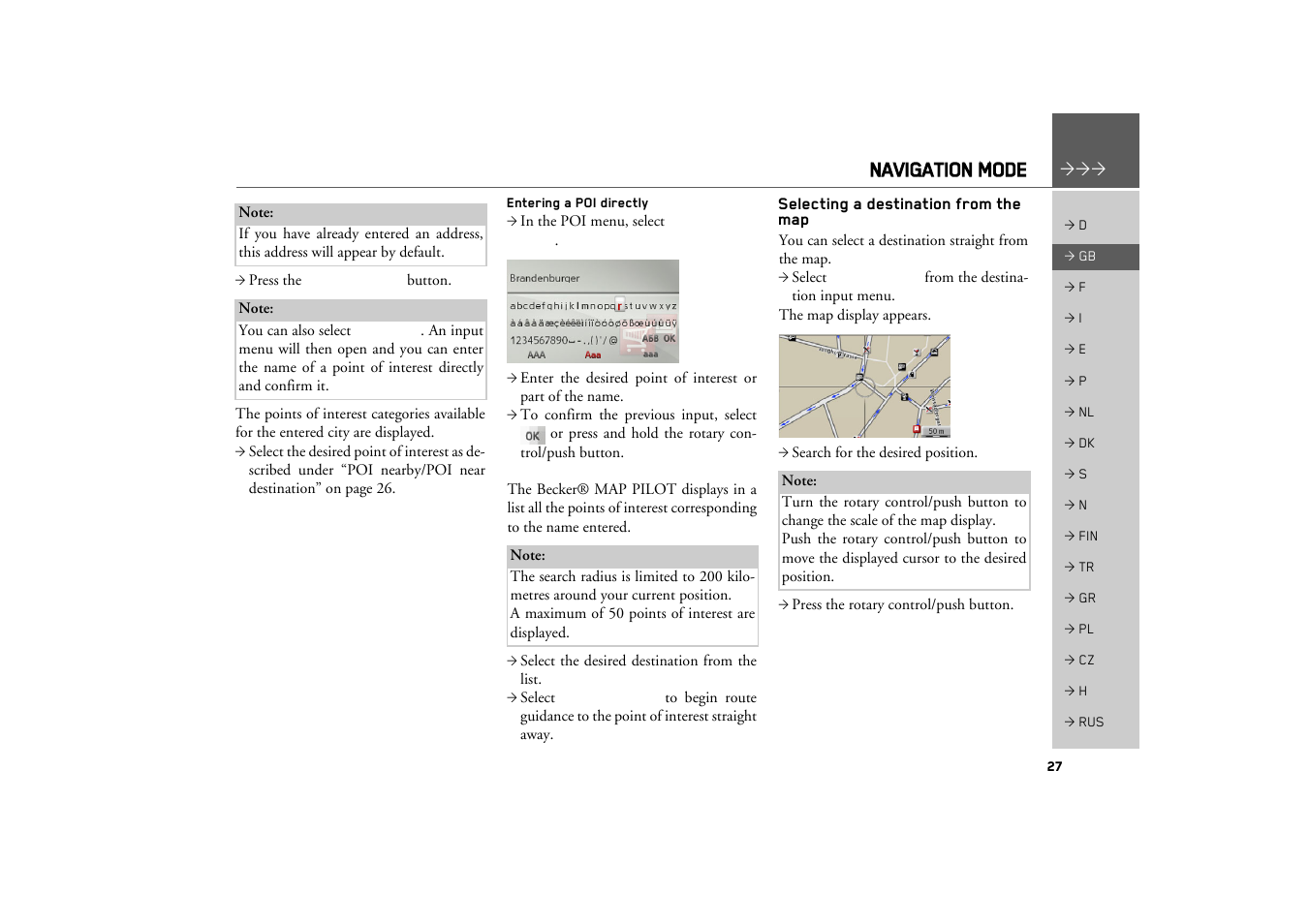 Entering a poi directly, Selecting a destination from the map, Navigation mode | Becker MAP PILOT OPERATION GUIDE User Manual | Page 27 / 58