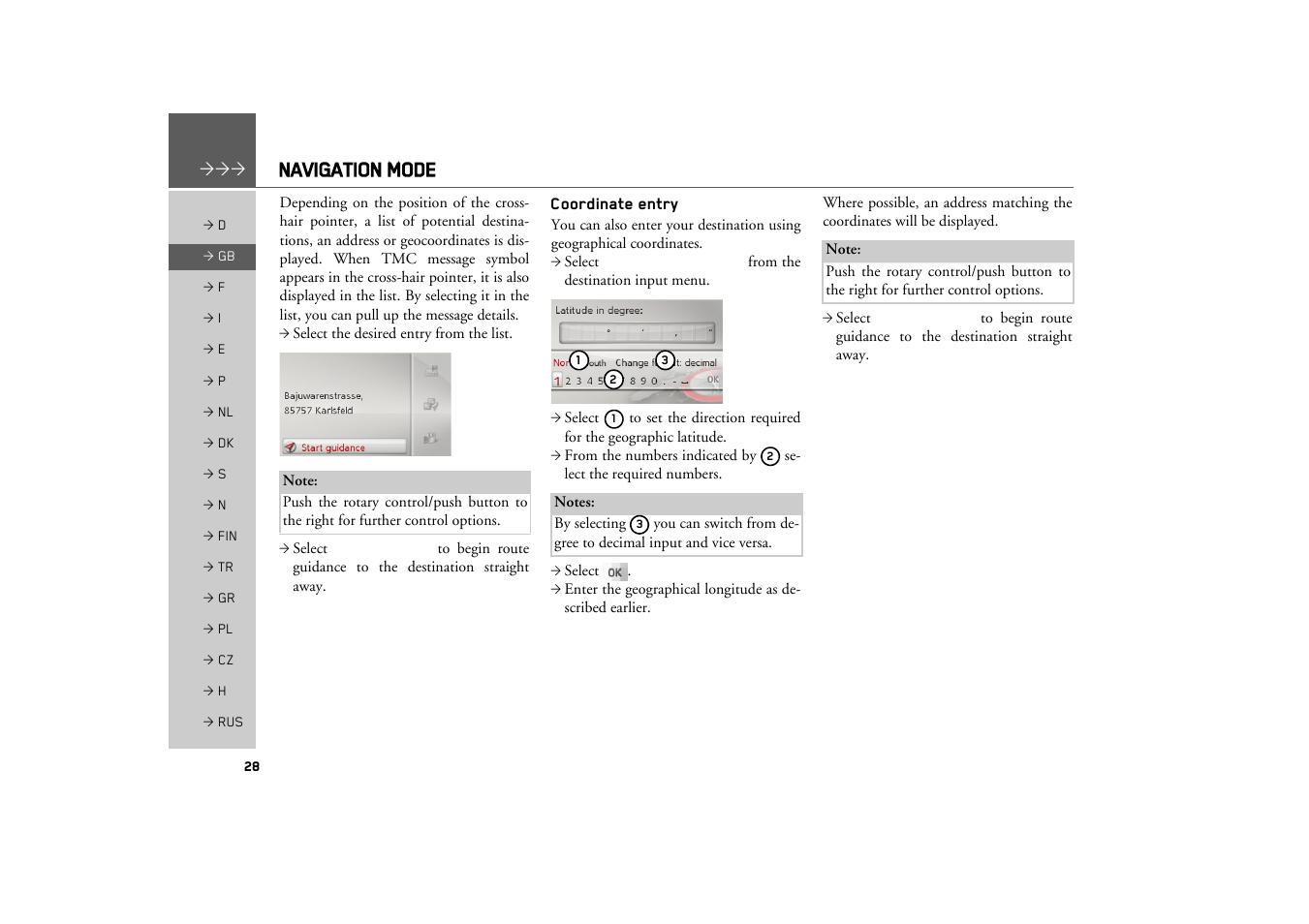 Coordinate entry, Navigation mode | Becker MAP PILOT OPERATION GUIDE User Manual | Page 28 / 58