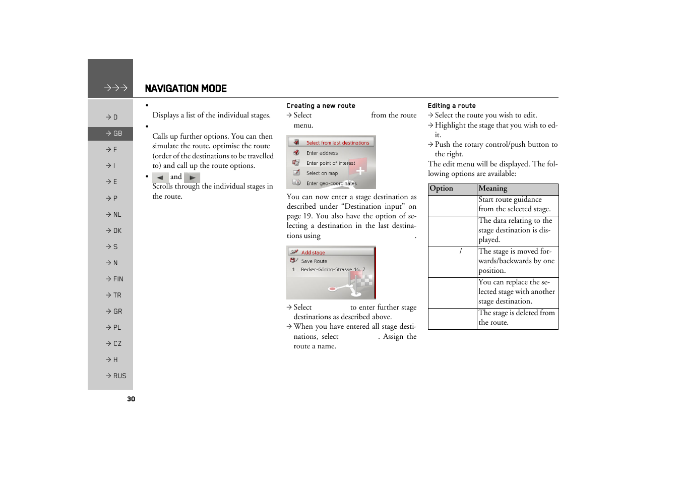 Creating a new route, Editing a route, Navigation mode | Becker MAP PILOT OPERATION GUIDE User Manual | Page 30 / 58