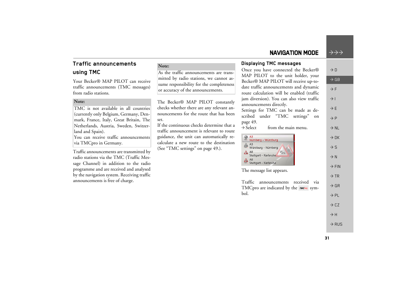 Traffic announcements using tmc, Displaying tmc messages, Navigation mode | Becker MAP PILOT OPERATION GUIDE User Manual | Page 31 / 58