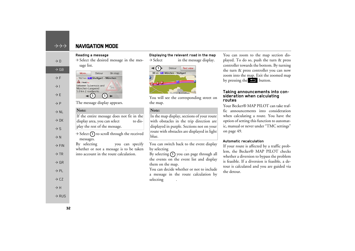 Reading a message, Displaying the relevant road in the map, Automatic recalculation | Navigation mode | Becker MAP PILOT OPERATION GUIDE User Manual | Page 32 / 58
