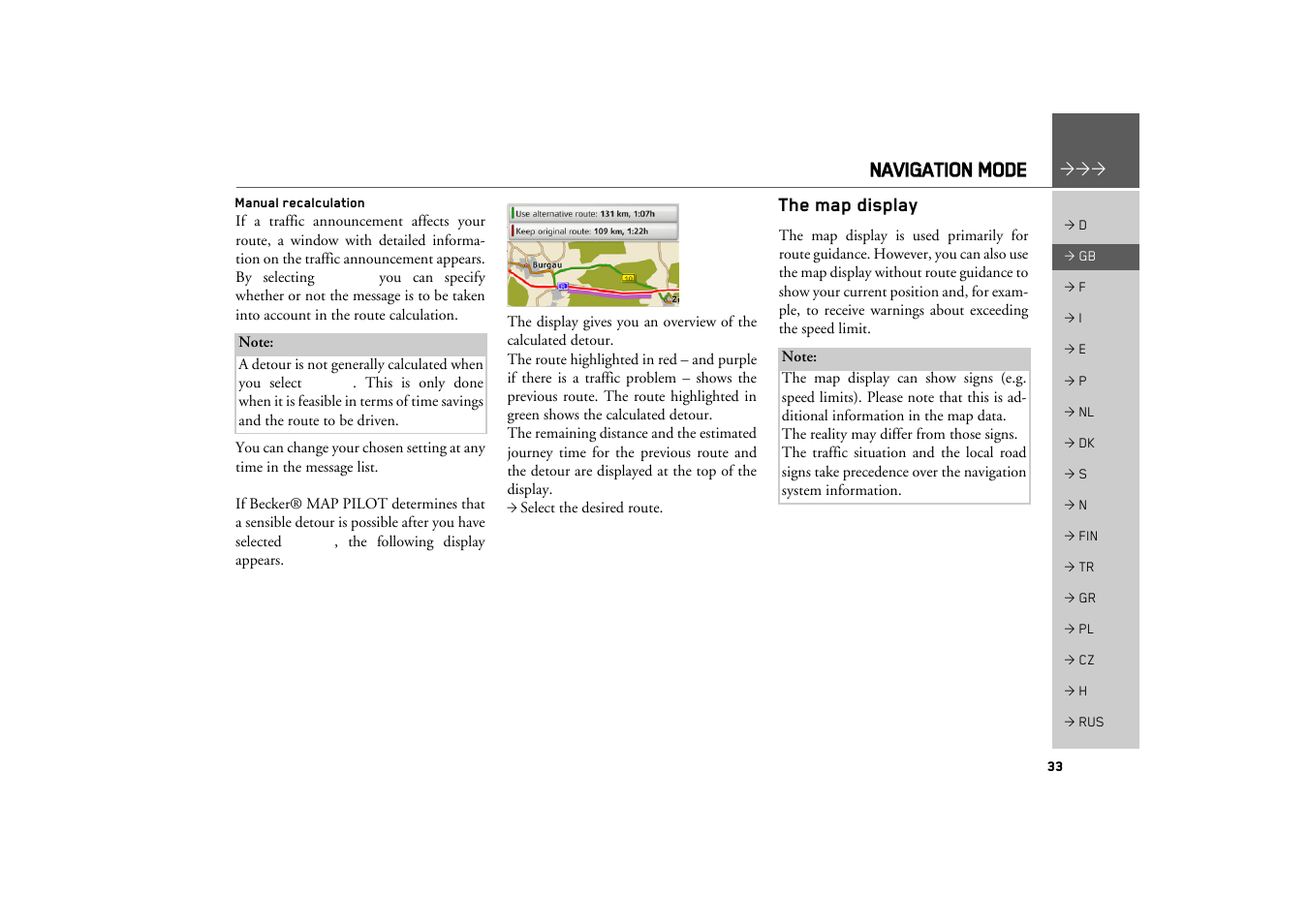 Manual recalculation, The map display, Navigation mode | Becker MAP PILOT OPERATION GUIDE User Manual | Page 33 / 58