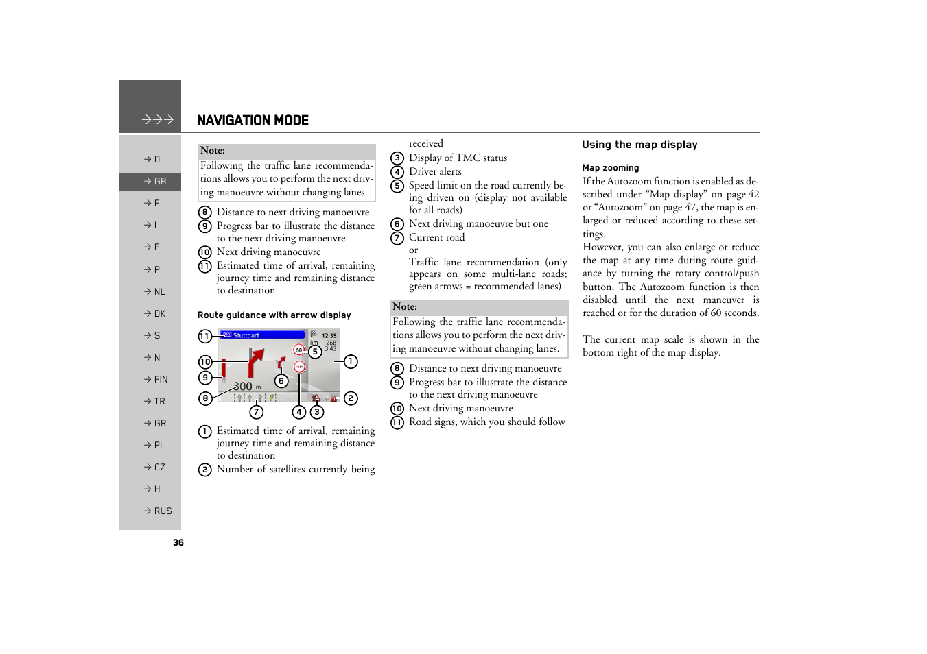 Route guidance with arrow display, Using the map display, Map zooming | Navigation mode | Becker MAP PILOT OPERATION GUIDE User Manual | Page 36 / 58