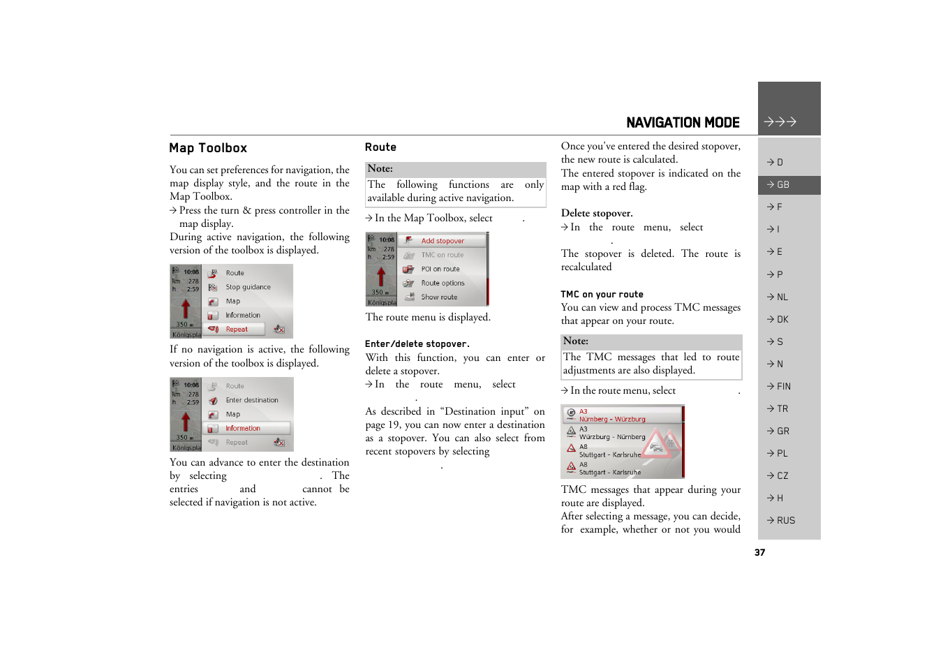 Map toolbox, Route, Enter/delete stopover | Tmc on your route, Navigation mode | Becker MAP PILOT OPERATION GUIDE User Manual | Page 37 / 58