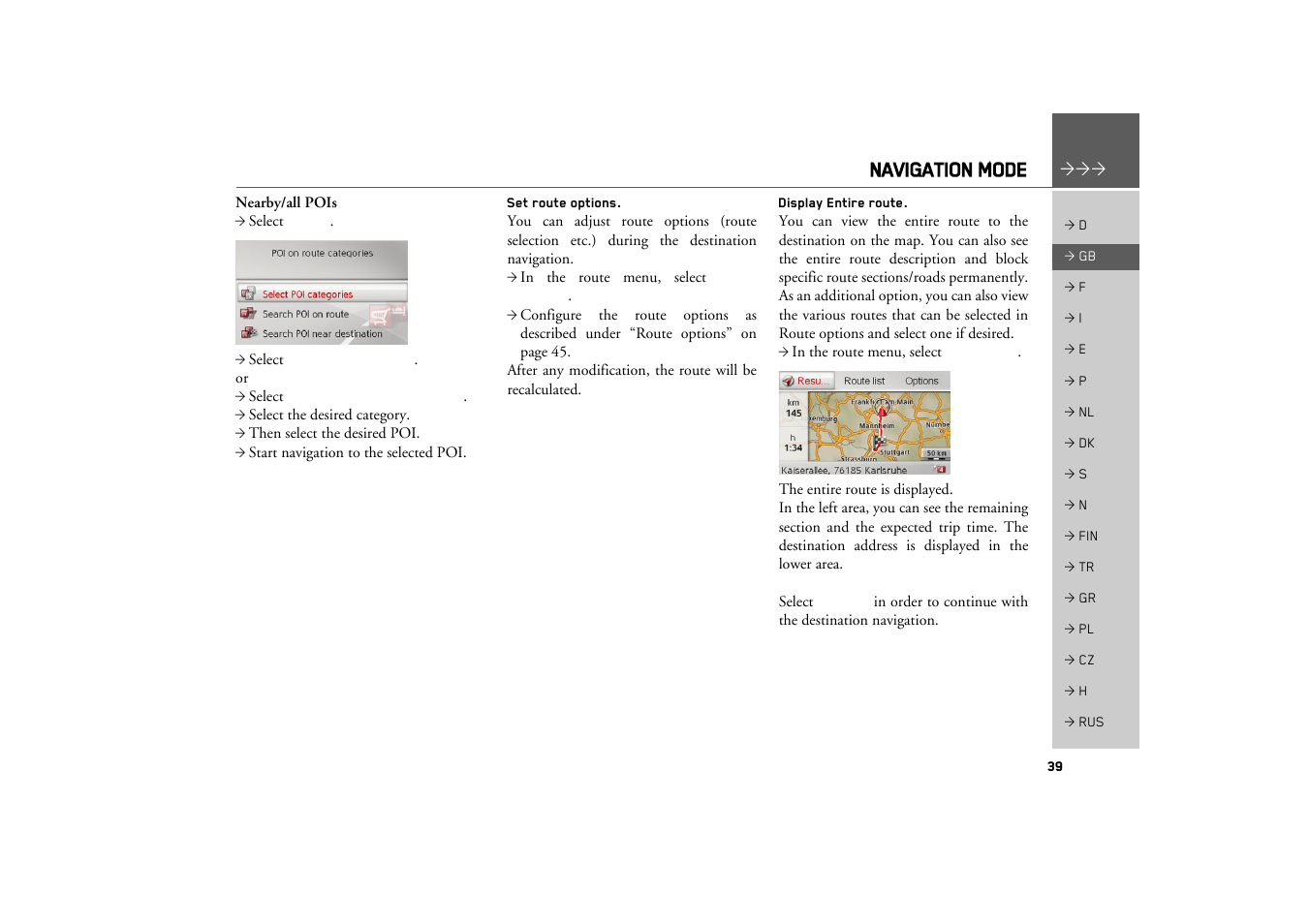 Set route options, Display entire route, Navigation mode | Becker MAP PILOT OPERATION GUIDE User Manual | Page 39 / 58