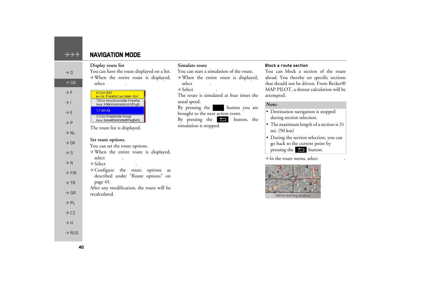 Block a route section, Navigation mode | Becker MAP PILOT OPERATION GUIDE User Manual | Page 40 / 58