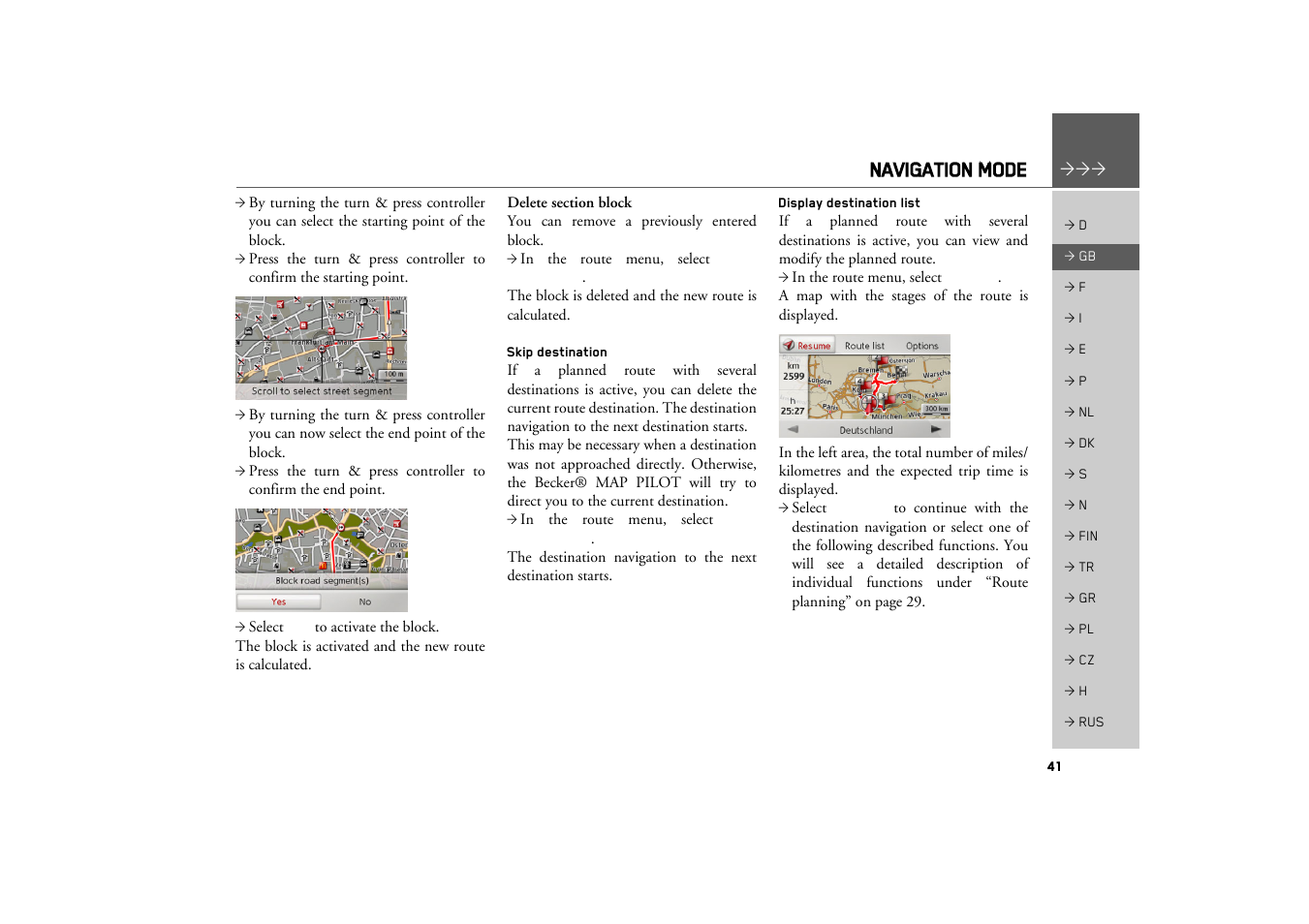 Skip destination, Display destination list, Navigation mode | Becker MAP PILOT OPERATION GUIDE User Manual | Page 41 / 58
