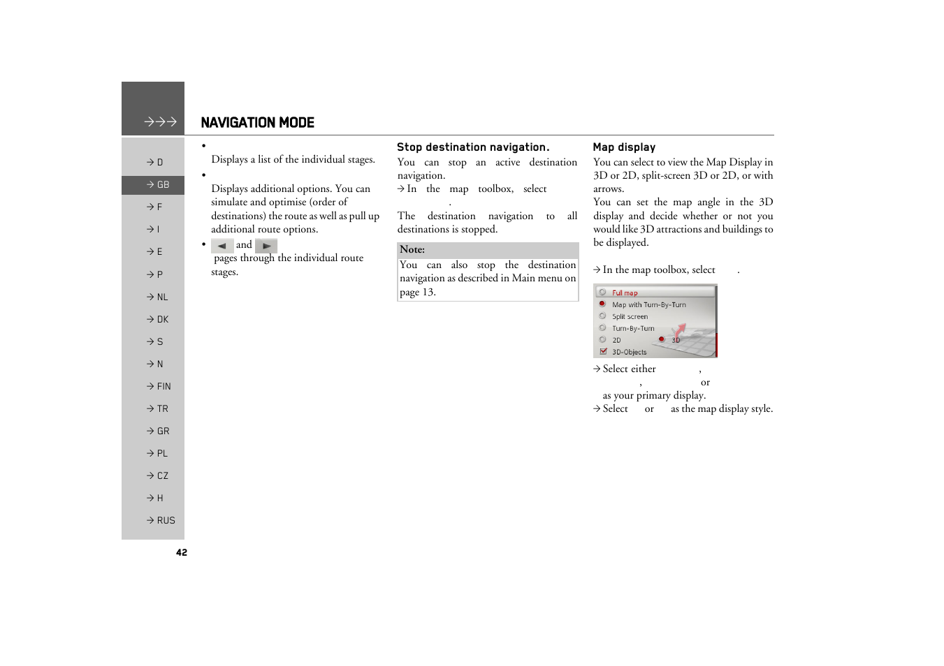 Stop destination navigation, Map display, Navigation mode | Becker MAP PILOT OPERATION GUIDE User Manual | Page 42 / 58