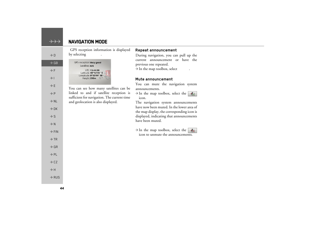 Repeat announcement, Mute announcement, Navigation mode | Becker MAP PILOT OPERATION GUIDE User Manual | Page 44 / 58