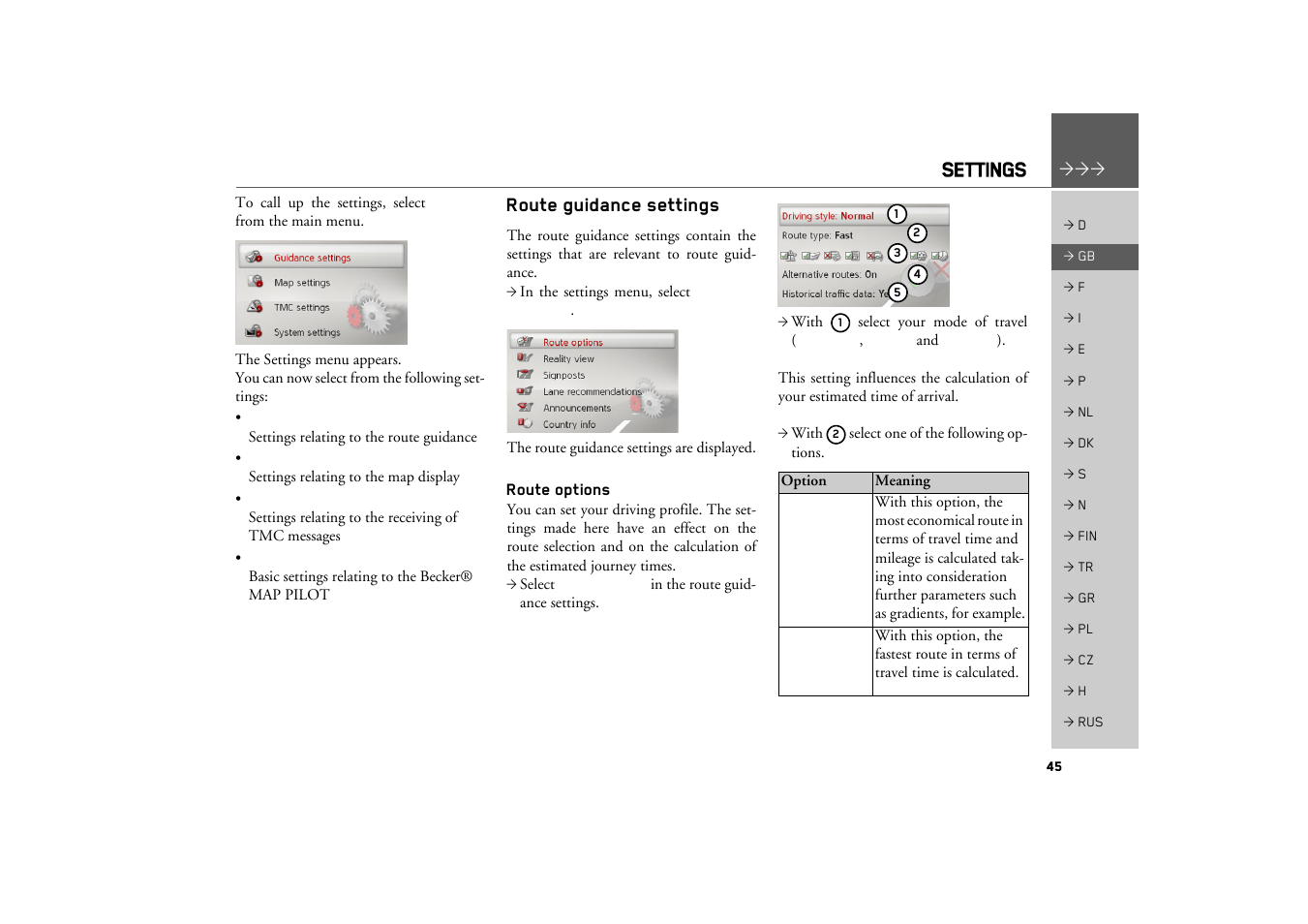 Settings, Route guidance settings, Route options | Becker MAP PILOT OPERATION GUIDE User Manual | Page 45 / 58