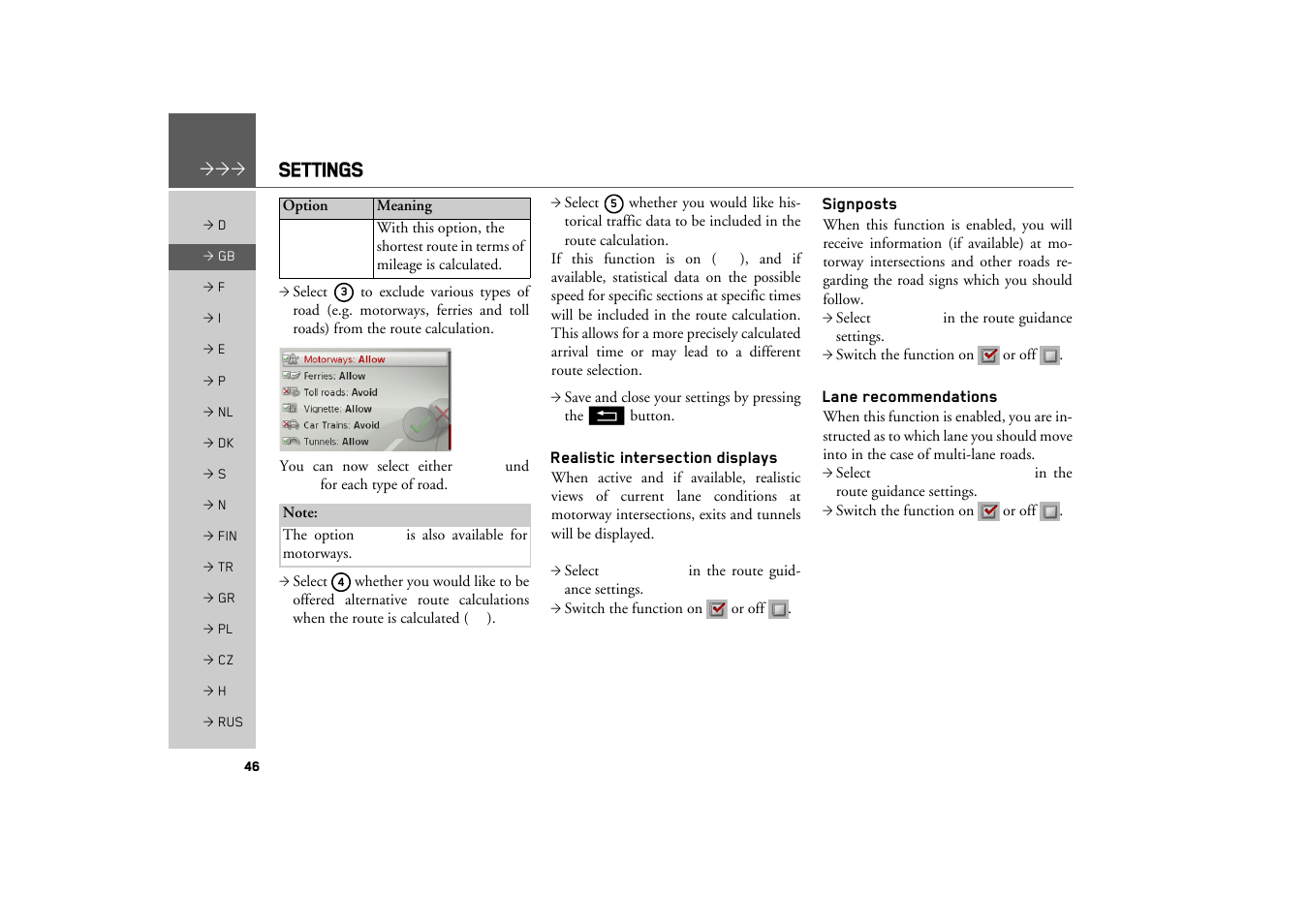 Realistic intersection displays, Signposts, Lane recommendations | Settings | Becker MAP PILOT OPERATION GUIDE User Manual | Page 46 / 58