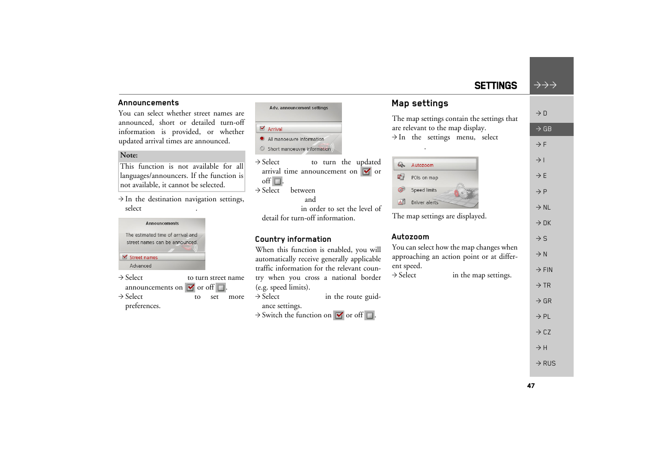 Announcements, Country information, Map settings | Autozoom, Settings | Becker MAP PILOT OPERATION GUIDE User Manual | Page 47 / 58