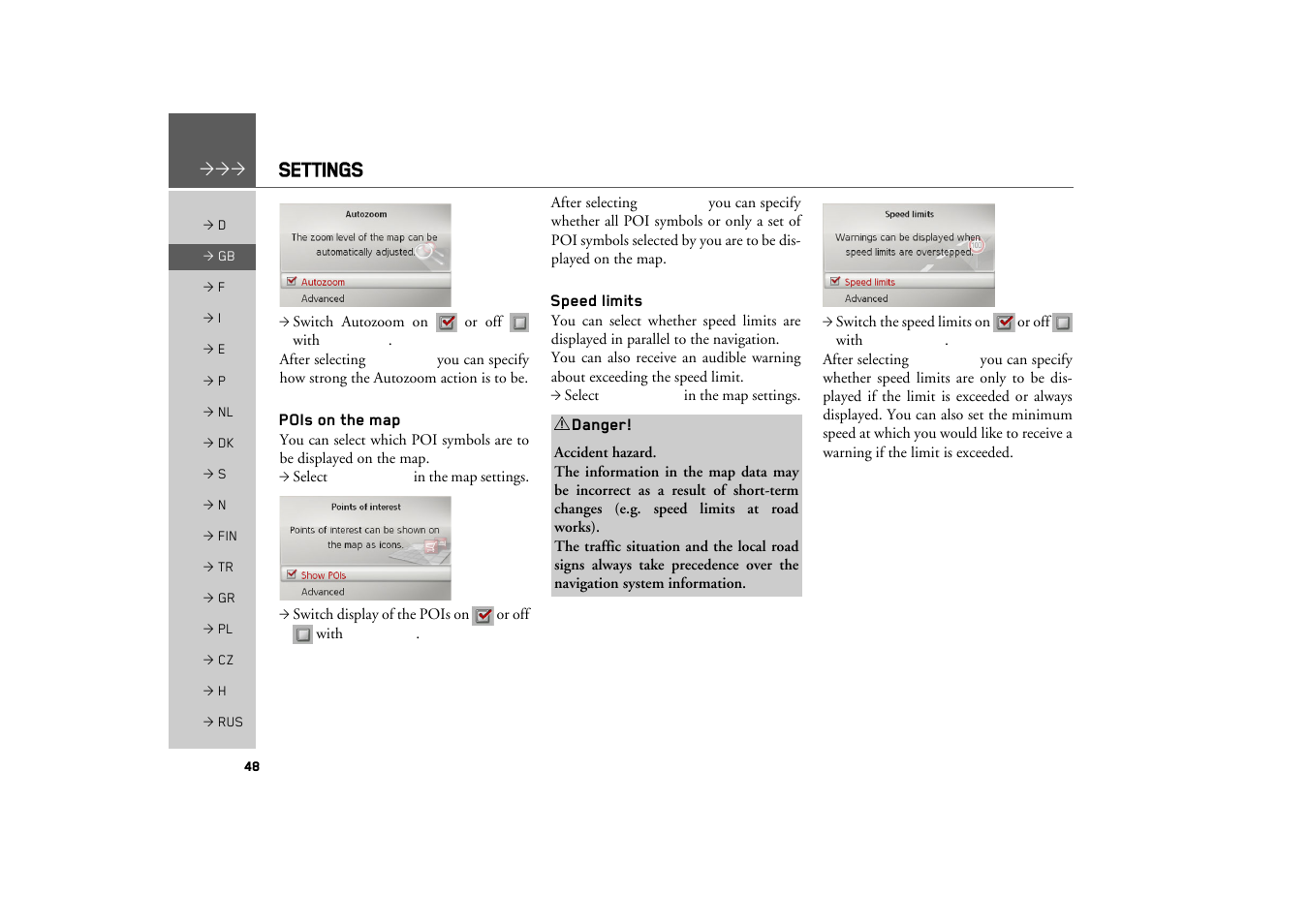 Pois on the map, Speed limits, Settings | Becker MAP PILOT OPERATION GUIDE User Manual | Page 48 / 58