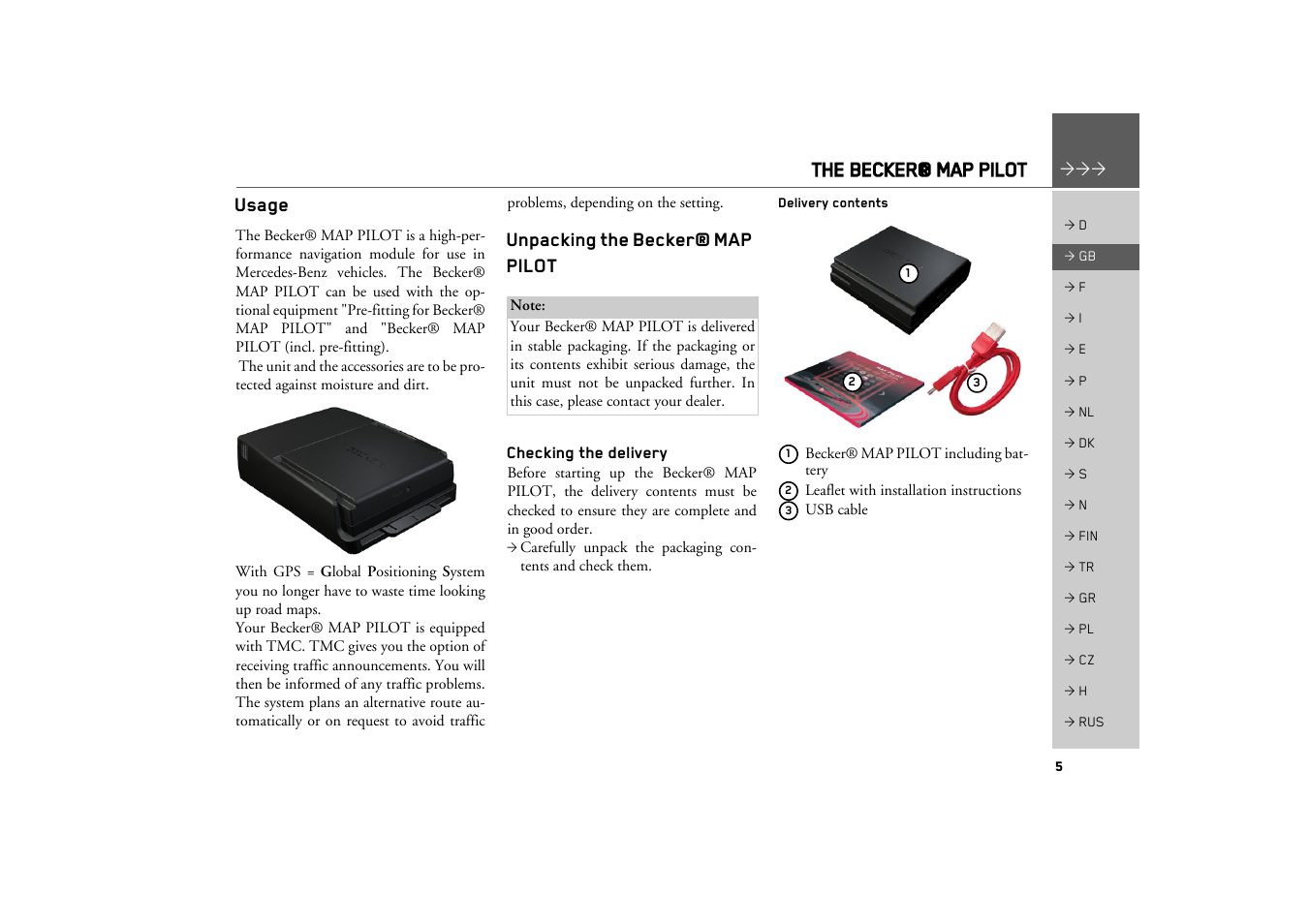 The becker® map pilot, Usage, Unpacking the becker® map pilot | Checking the delivery, Delivery contents | Becker MAP PILOT OPERATION GUIDE User Manual | Page 5 / 58