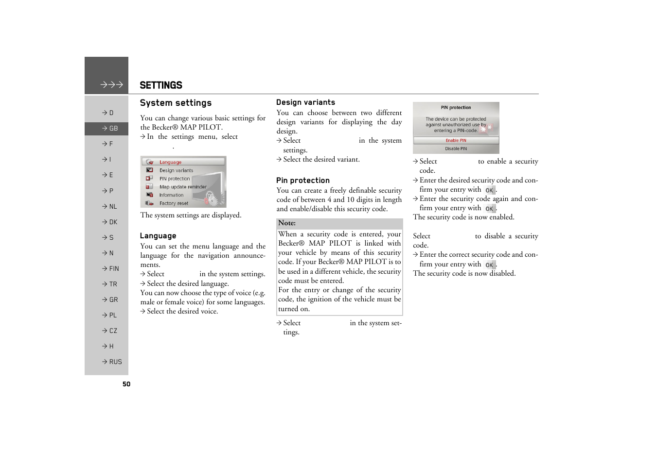 System settings, Language, Design variants | Pin protection, Settings | Becker MAP PILOT OPERATION GUIDE User Manual | Page 50 / 58