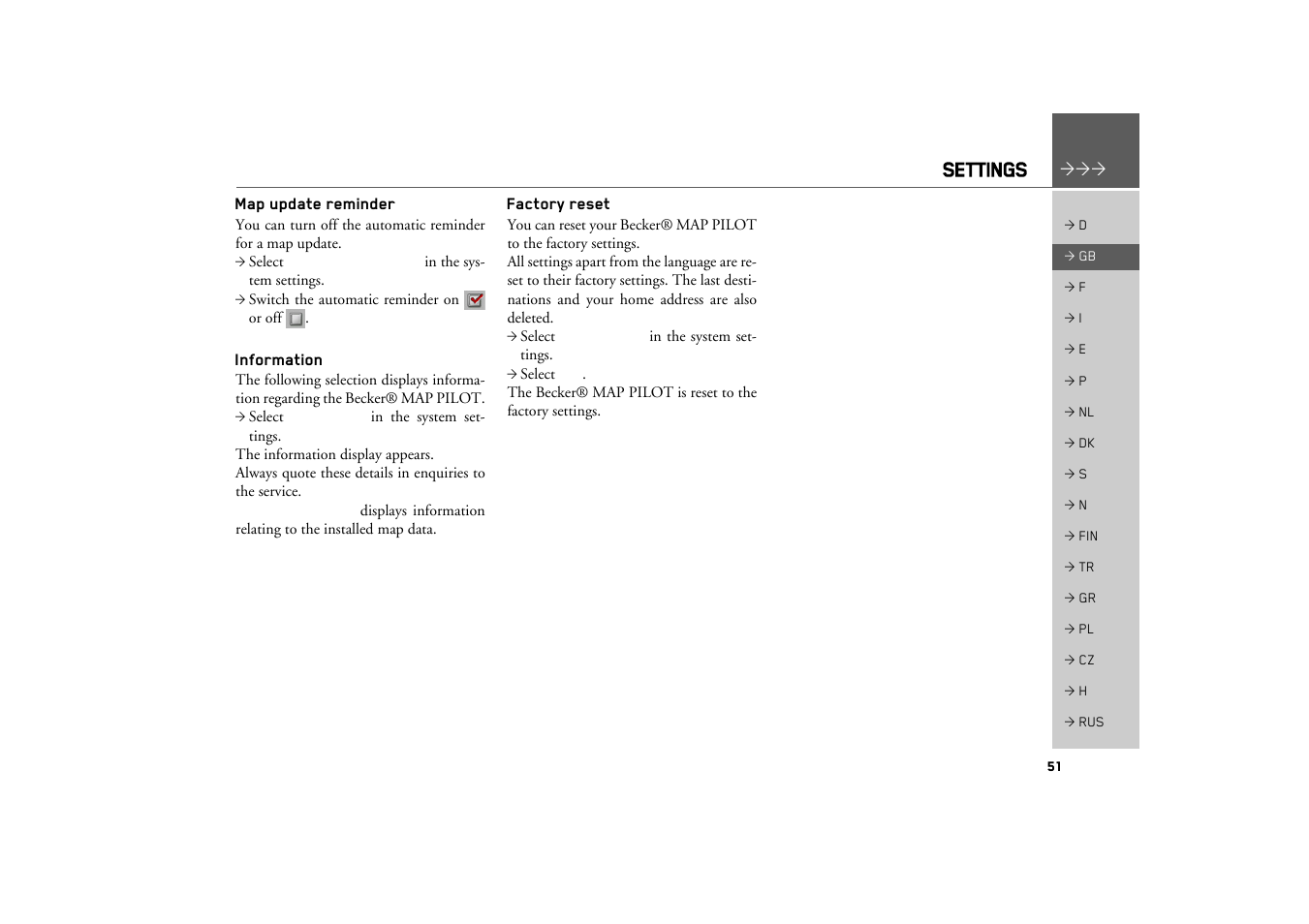 Map update reminder, Information, Factory reset | Settings | Becker MAP PILOT OPERATION GUIDE User Manual | Page 51 / 58
