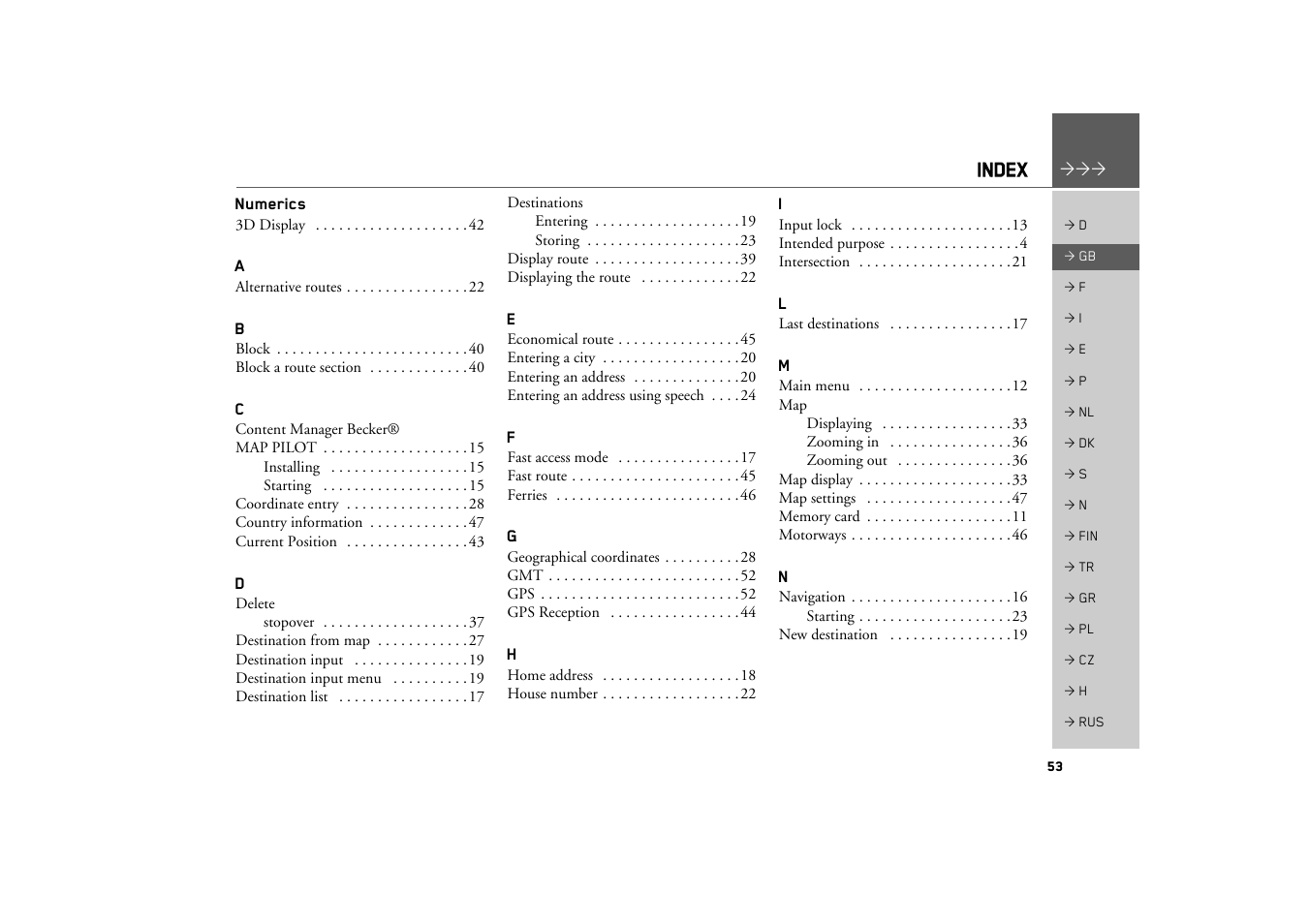 Index | Becker MAP PILOT OPERATION GUIDE User Manual | Page 53 / 58