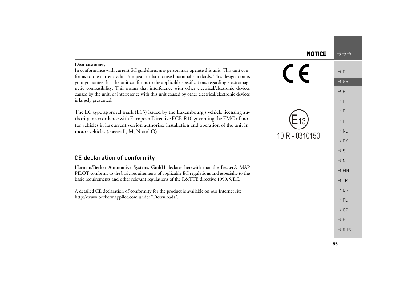 Notice, Ce declaration of conformity | Becker MAP PILOT OPERATION GUIDE User Manual | Page 55 / 58