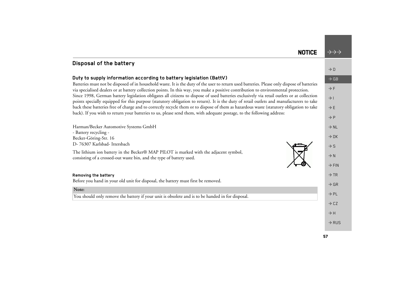 Disposal of the battery, Removing the battery, Notice | Becker MAP PILOT OPERATION GUIDE User Manual | Page 57 / 58