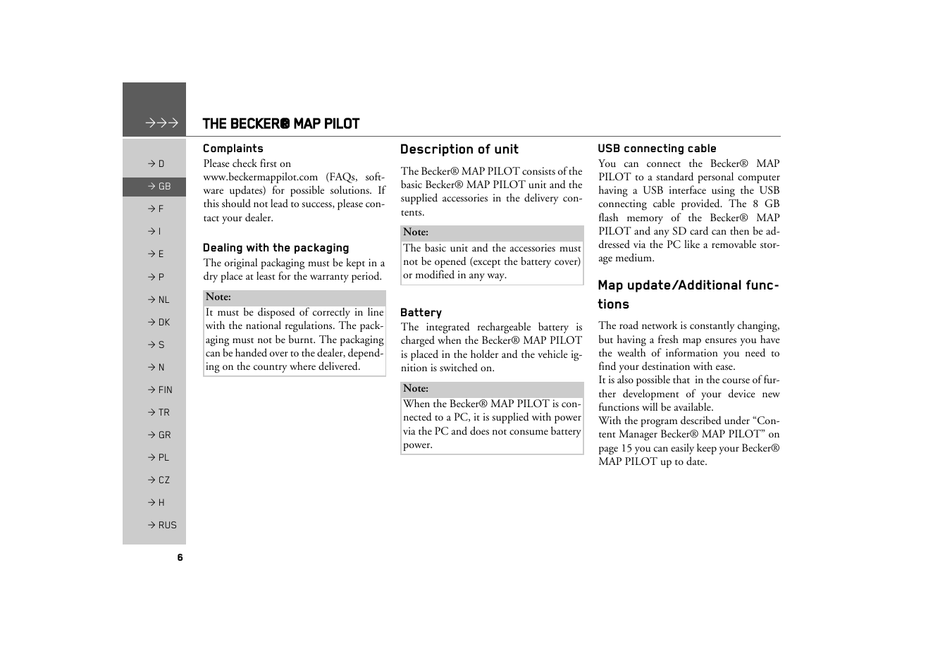 Complaints, Dealing with the packaging, Description of unit | Battery, Usb connecting cable, Map update/additional functions | Becker MAP PILOT OPERATION GUIDE User Manual | Page 6 / 58