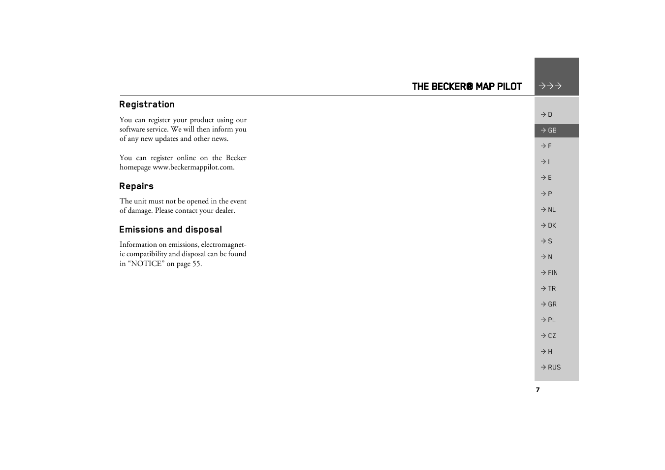 Registration, Repairs, Emissions and disposal | Becker MAP PILOT OPERATION GUIDE User Manual | Page 7 / 58