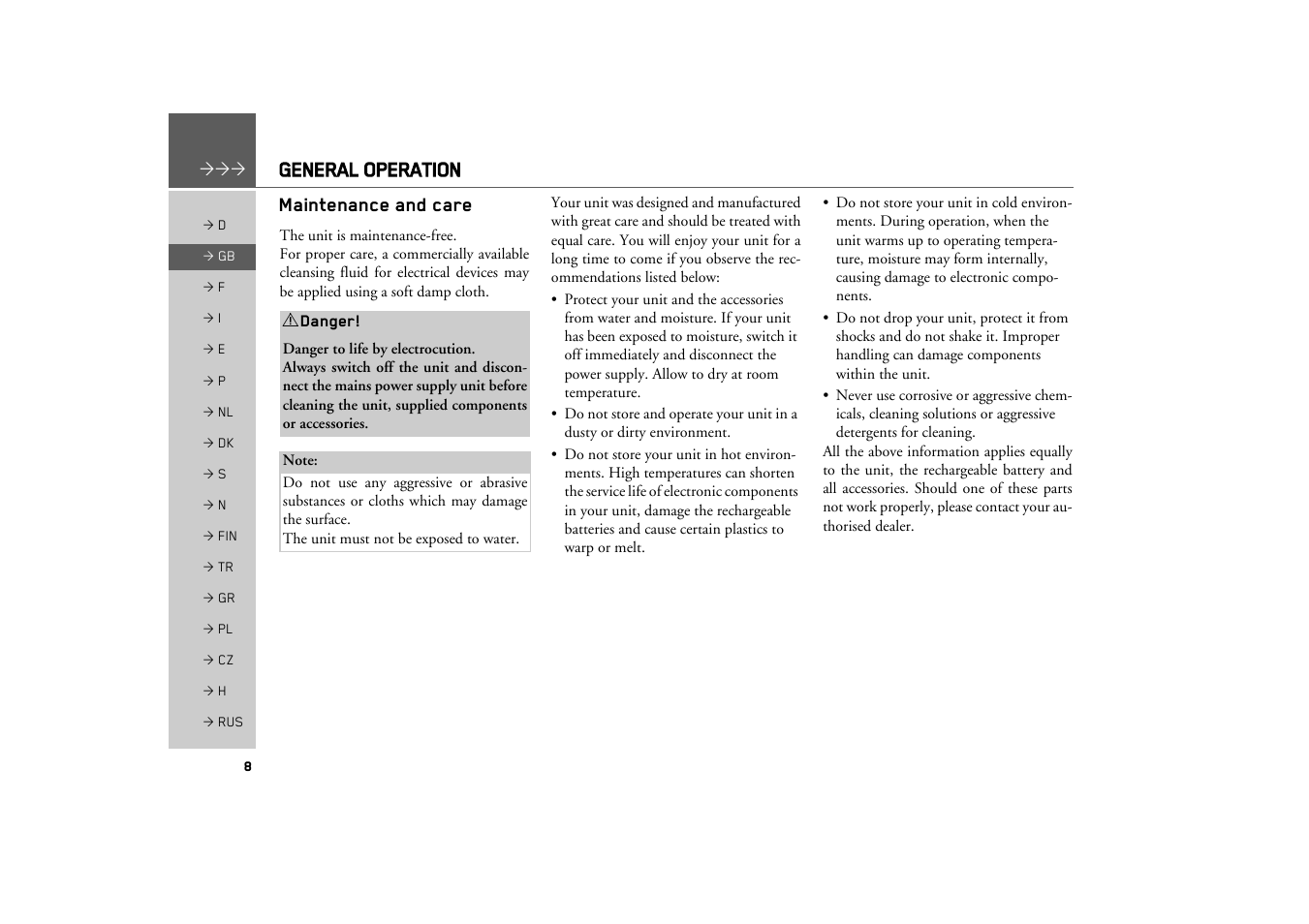 General operation, Maintenance and care | Becker MAP PILOT OPERATION GUIDE User Manual | Page 8 / 58